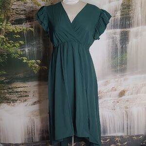 NWT! Kojooin Womens Large dark green ruffled short sleeve high low flowy dress